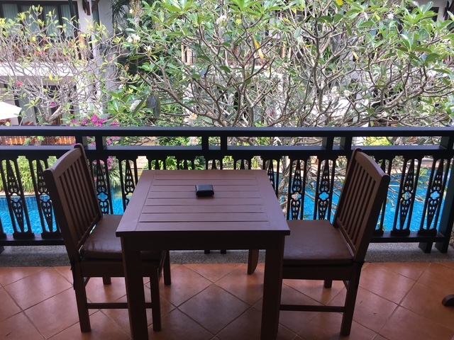 Our balcony table at Railay Village, overlooking the pool
